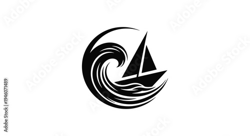 Stylized black and white image of a sailboat navigating a swirling ocean wave