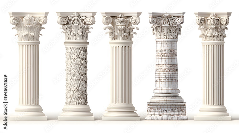 Obraz premium Collection of Five Ornate Classical Corinthian Columns on White Background.