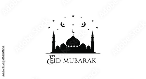 A black silhouette of a mosque with stars and the text eid mubarak