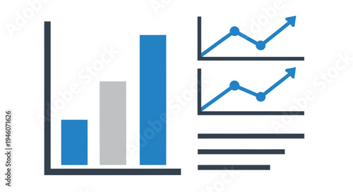 Data analysis illustration featuring bar graphs and line charts in blue and gray