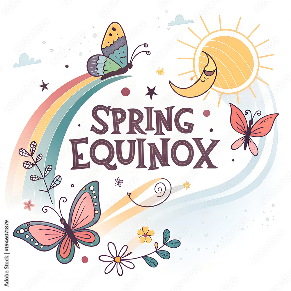 Obraz premium Spring equinox celebration banner with colorful butterflies and sun