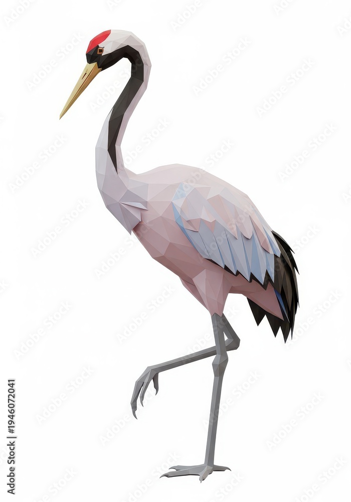 Fototapeta premium Low poly geometric depiction of a stately wading bird standing on one leg against a white background