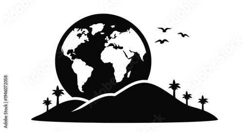 Stylized earth illustration with birds and tropical vegetation on a hill