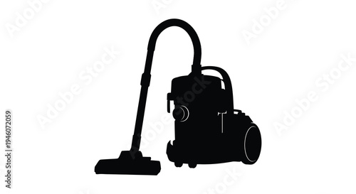 A black silhouette of a classic upright vacuum cleaner against a white background