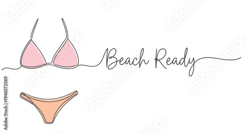 Vector bikini set with 'Beach Ready' text, pink and peach colors