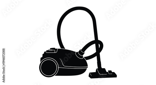 A simple black silhouette of a classic canister vacuum cleaner with a hose