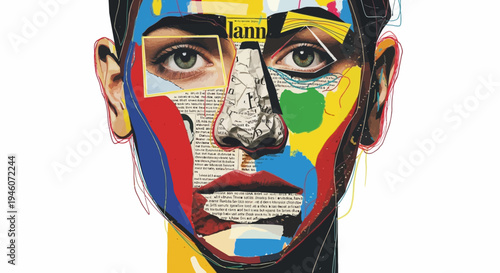 Abstract portrait collage merges human features with vibrant colors.