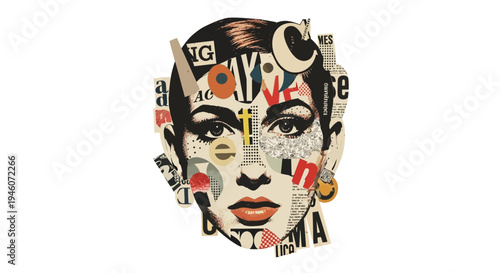 Portrait of a woman composed of vintage magazine clippings.