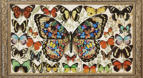 Exquisite butterfly collection displayed in an ornate framed natural.