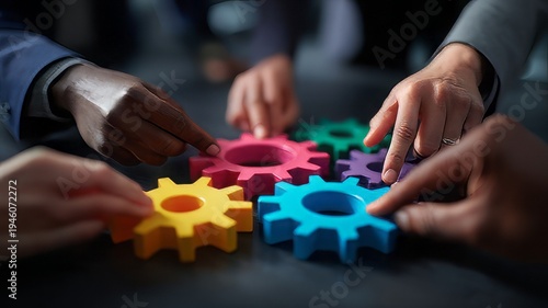Teamwork of business people working together and combining pieces of a gear puzzle, business team work, business people working together, business people holding gear