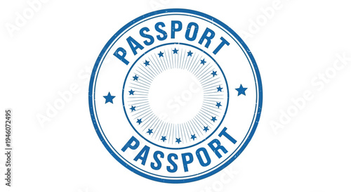A circular passport stamp with the word passport repeated and stars