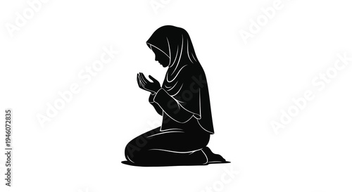 Silhouette of a muslim woman kneeling in prayer hands raised in supplication