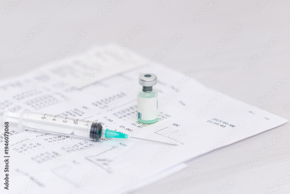 Fototapeta premium Vaccine vial and syringe lying on medical blood test document representing disease prevention and healthcare treatment concept