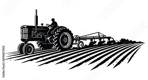 Vintage tractor plowing a field black and white illustration with dynamic lines