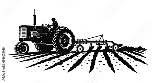 Vintage tractor plowing a field black and white illustration style