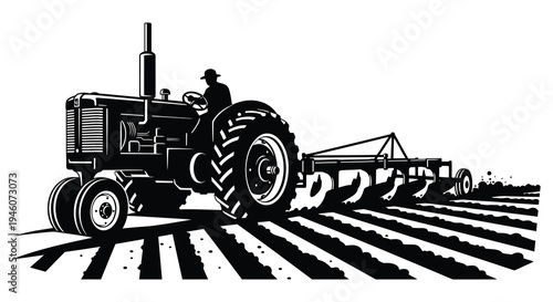 Vintage tractor plowing a field black and white illustration with striped background