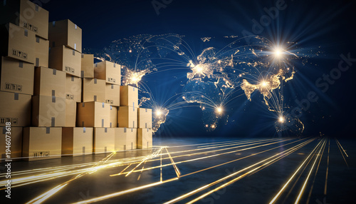 Global distribution of goods shown with boxes and network connections in a warehouse at night