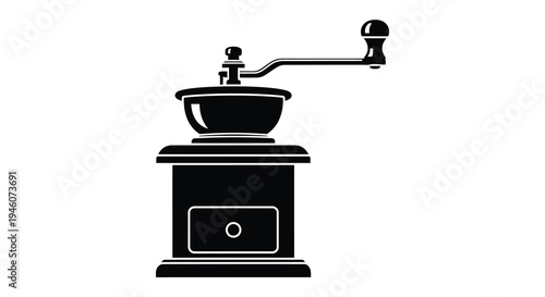 Vintage coffee grinder illustration in black and white showing a classic design