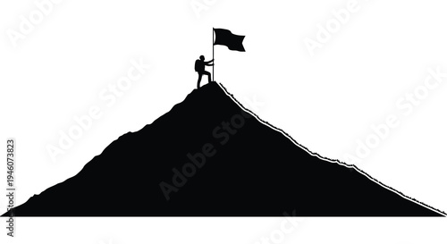 Silhouette of a person planting a flag on a mountain peak representing achievement