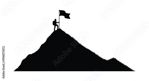 Silhouette of a person raising a flag atop a mountain peak achievement