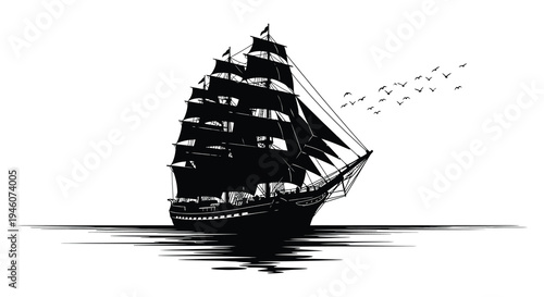 Detailed black and white illustration of a tall sailing ship with birds overhead