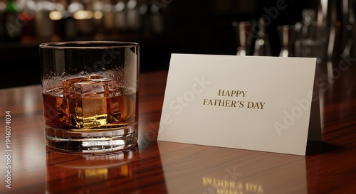 Happy father's day celebration with whiskey and greeting card