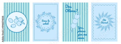 French Mediterranean poster set with olive branch wreath and Azure coast blue border. Riviera coastal aesthetic print wall art