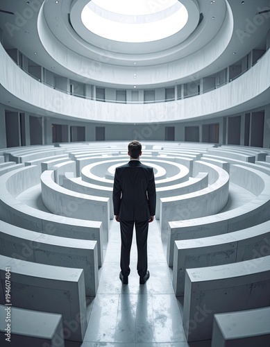 Wallpaper Mural A solitary figure contemplates a complex, circular labyrinthine structure bathed in cool, diffused light. Torontodigital.ca