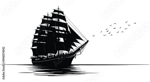A majestic tall ship sailing on a calm sea with birds flying overhead