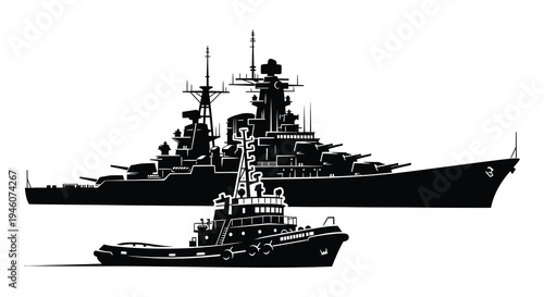 Silhouetted battleship and tugboat against a white background naval vessel illustration