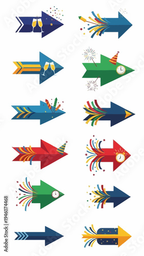 Celebratory Arrow Icons Featuring Festive Designs and New Year Elements