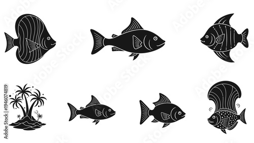 Black silhouette collection of diverse fish species and tropical island illustration
