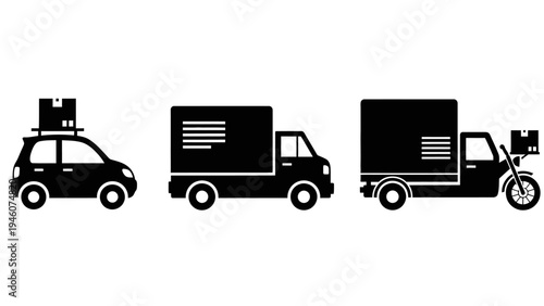 black silhouette icons of delivery vehicles including a car a truck and a motorcycle carrying