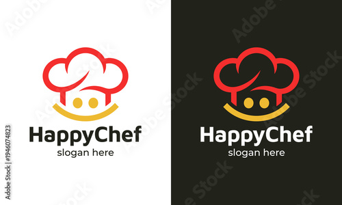 Happy chef illustration logo template design. Chef hat icon vector logo with a smile.