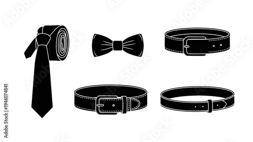 Classic menswear accessories including a rolled tie a bowtie and multiple belts presented in