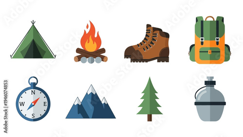 Camping and Hiking Equipment Illustrated Icons Set for Outdoor Adventures