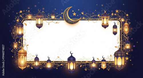A beautiful vector graphic illustration of a Ramadan lantern border with crescent moon and stars on a night sky background