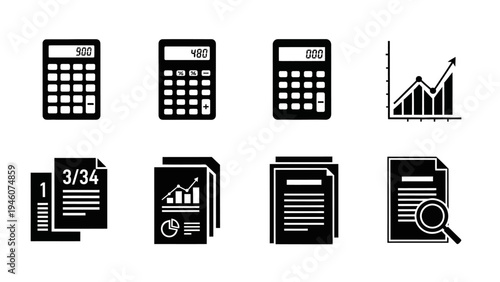 Business and finance icons including calculators charts and documents for analytics