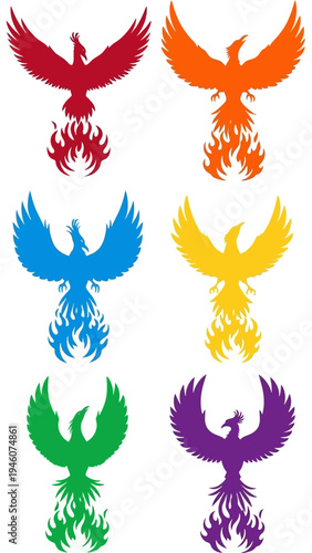 Collection of colorful phoenix bird illustrations symbolizing rebirth and resilience