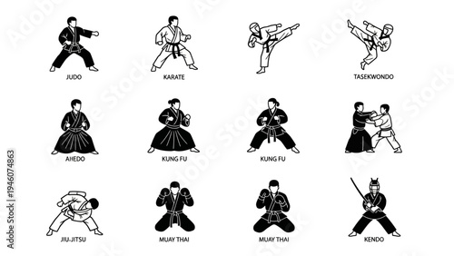 Collage of martial arts icons depicting various combat sports and their practitioners