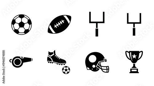 Collection of American football and soccer icons and equipment for sports illustration