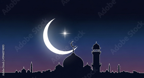 A serene vector illustration of a mosque silhouette under a crescent moon and starry night sky