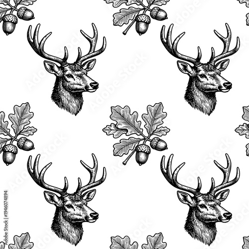 Stag deer and oak leaf seamless pattern etching for vintage wildlife concept