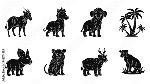 Collection of African animal silhouettes in black and white on a white background