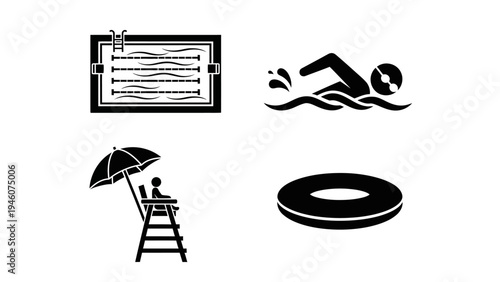 Collection of black and white icons depicting swimming pool, lifeguard, swimmer and floatation