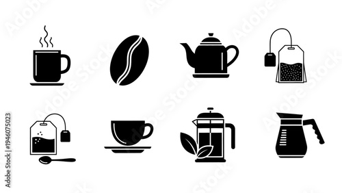 Collection of black and white icons representing coffee and tea beverages and their preparation