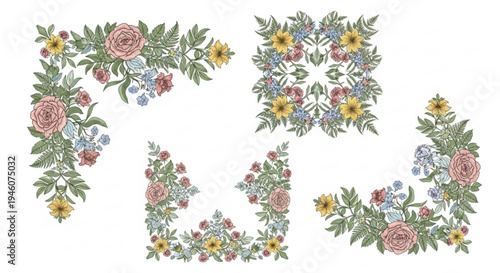 A colorful floral design featuring intricate patterns and shapes with flowers and leaves on a white background