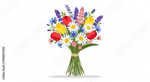 A colorful bouquet of flowers tied with a ribbon on a white background