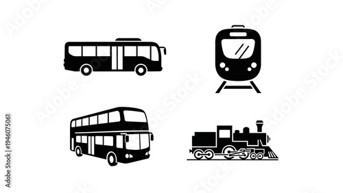 Collection of black and white icons representing public transportation vehicles including buses