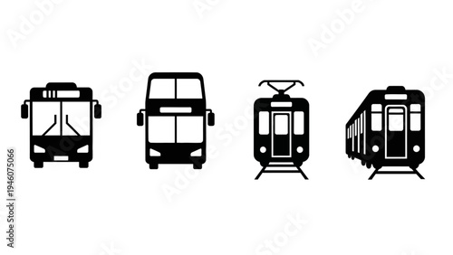 Collection of black and white icons representing various forms of public transportation like buses